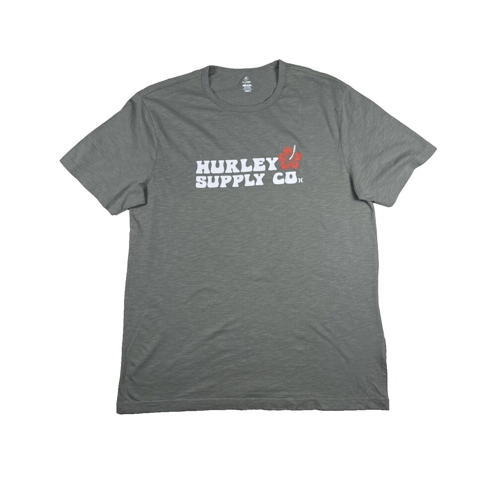 Hurley Mens L Olive Gray Graphic Tee Hibiscus Surf Skater Beach NWT